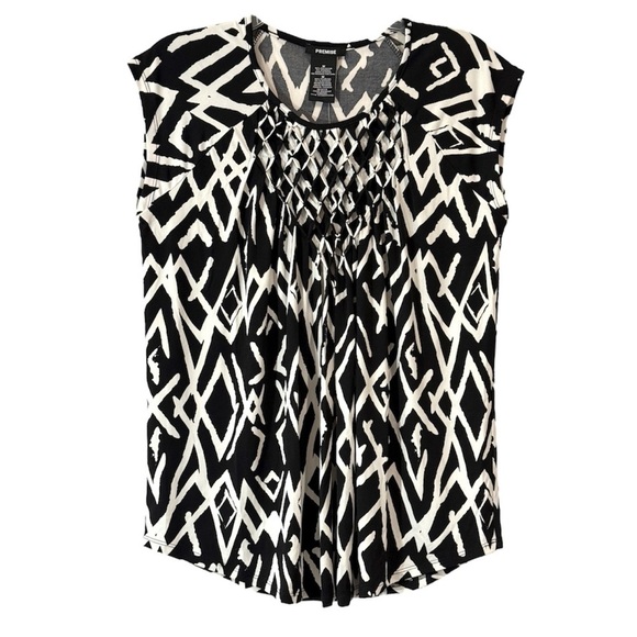 Premise Women Cap Sleeve Mosaic Stripe Diamond Print Neck Black White Medium - Picture 1 of 8